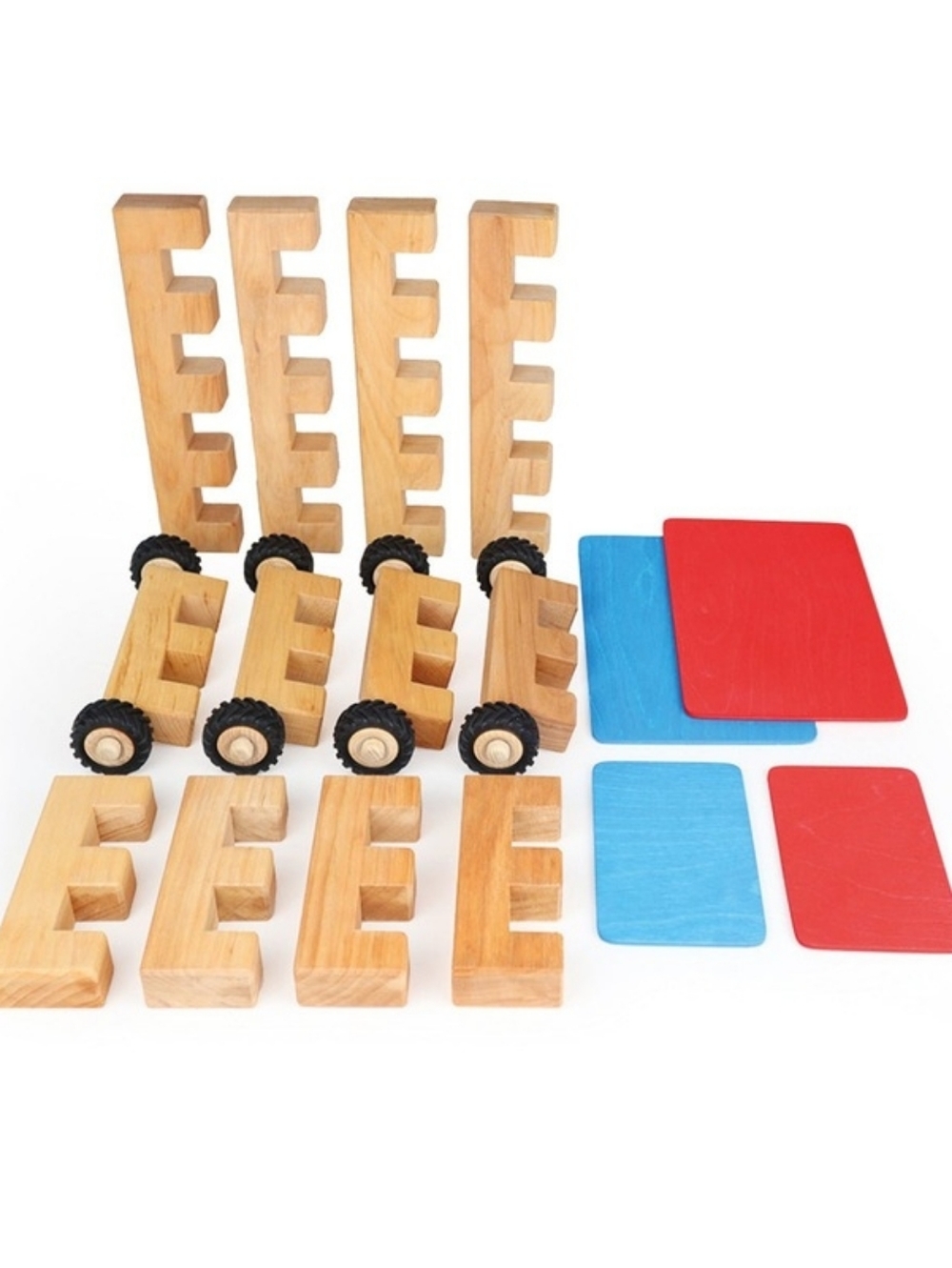 Wooden Vehicle Building Set with Red & Blue Panels (Missing Small Blue Panel)